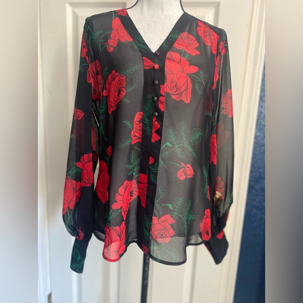 Express Black and Red Sheer Blouse with Relaxed Fit